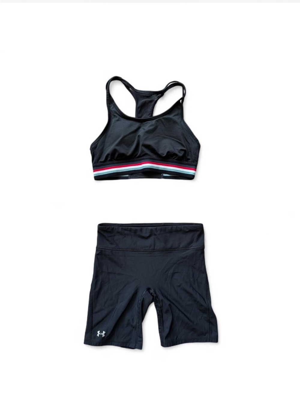 Under Armour & DKNY sport black sports bra and spandex shorts set with red, whit